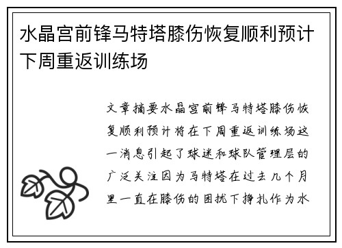 水晶宫前锋马特塔膝伤恢复顺利预计下周重返训练场