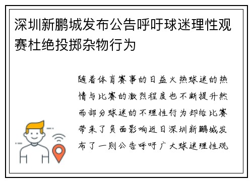 深圳新鹏城发布公告呼吁球迷理性观赛杜绝投掷杂物行为