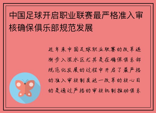 中国足球开启职业联赛最严格准入审核确保俱乐部规范发展